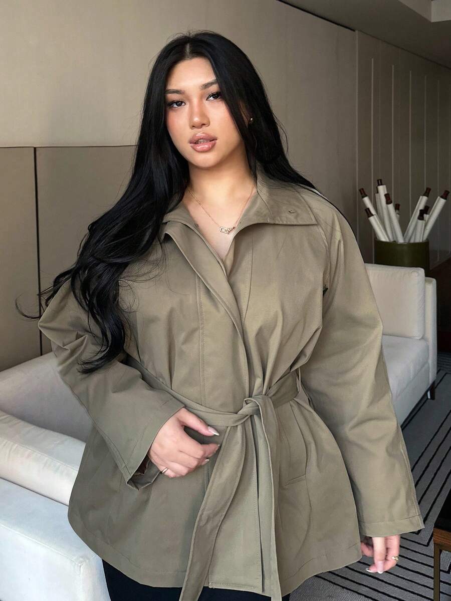Dazy Plus Plus Size Women Stand Collar Long Sleeve Tie Waist Casual Trench Coat, Spring/Autumn Jacket