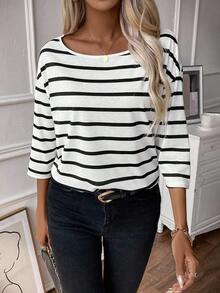 EMERY ROSE Striped Print Drop Shoulder Tee Graphic Tees Women Tops