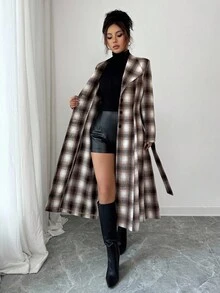 Elenzga 优雅通勤时尚百搭格子粗花呢面料，大翻领束腰单排扣长款女式大衣 - 棕色 - 查看 7