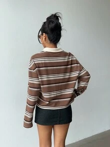 SHEIN X Scot Louie Aloruh Áo nỉ polo kẻ sọc thu/đông nữ, 2 trong 1, phong cách Y2K cổ điển, thường ngày, phong cách sinh viên - Nhiều màu - Xem 2