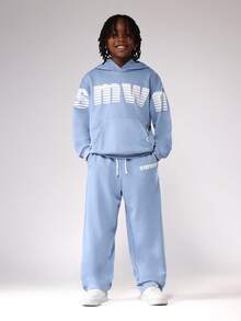 SUMWON Tween Boys Two Piece Set Powder Blue Winter Pullover Hoodie Wide Leg Jogger Pants Sweatsuit Wear Matching Set Casual Everyday Wear - Baby Blue - View 1