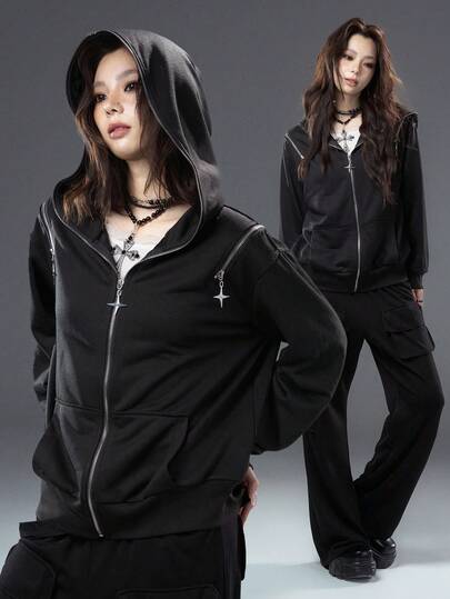  Bloopia Retro Baddie Streetwear Oversized Casual Unique Design Crescent Zip Up Long Sleeve Hoodie Sweatshirt For Women, Suitable For Autumn/Winter & Halloween