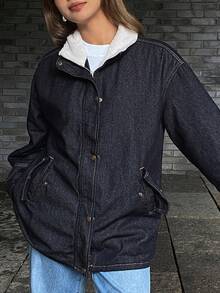 DAZY 女式秋冬羊羔绒拼布休闲宽松牛仔夹克和外套 - 深色水洗藍 - 查看 5