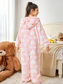 SHEIN Tween Girl Cute Bear Ear Hooded Star & Moon Print Cozy Fleece Pajamas, Pink - Baby Pink - View 3