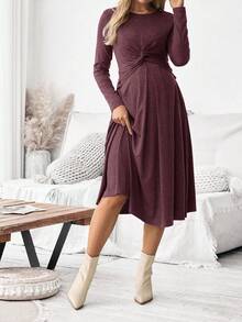 SHEIN Đầm cho con bú tay dài cổ tròn màu trơn thiết kế xoắn đơn giản cho bà bầu - Màu tím - Xem 3