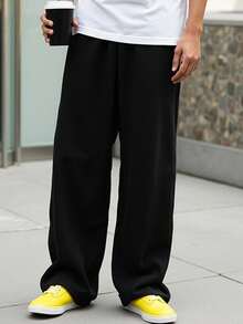 SHEIN 青少年男孩简约宽松黑色运动裤，休闲、舒适、时尚、百搭、面料柔软，适合日常穿着、上学、郊游、户外活动、秋冬季 - 黑色 - 查看 3
