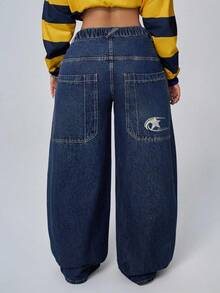 Jeanoix Quần dài thêu họa tiết thường ngày thời trang cỡ lớn dành cho nữ - Rửa tối - Xem 2