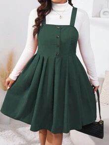 EMERY ROSE Plus Size Women Solid Color Button Half Placket Casual Strap Dress, Autumn - Dark Green - View 4