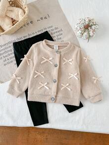 SHEIN Baby Girl Infant Toddler Newborn 0-3 Years Old Autumn/Winter Fashion Knitted Fuzzy Ribbed Bow Cardigan Jacket + Leggings Pants 2-Piece Outfit Set Fall