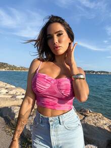 Manon Tanti Women's Vacation Rose Pink Mesh Print Ruched Camisole - Hot Pink - View 6