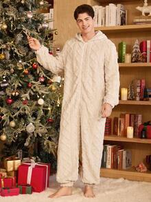 CoupledUp Bộ đồ liền thân vải nỉ Jacquard nhung trơn có mũ trùm đầu dành cho nam, đồ mặc nhà, thu đông, mềm mại, ấm áp - Màu be - Xem 4