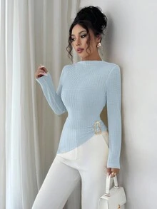 Selianne Y2K 风格女式奶油色条纹纹理针织立领长袖褶饰修身不对称金属纽扣装饰 T 恤，适合春秋休闲装和分层穿着 - 藍色 - 查看 7