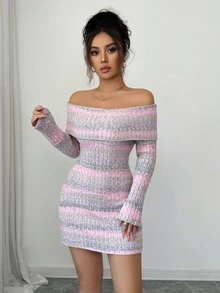 SHEIN Clasi Women's Off Shoulder Tie-Dye Striped Bodycon Mini Knit Dress - Purple - View 5