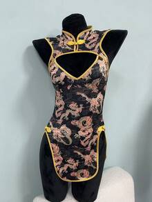 SHEIN 性感系列印花镂空开衩女士内衣服装 - 黑色 - 查看 7