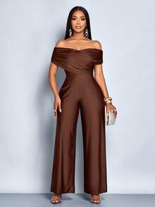 SOLERSUN 女士优雅纯色十字交叉褶饰露肩连体裤 - 咖啡棕 - 查看 4