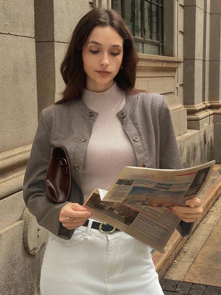 Women's Houndstooth Collared Long Sleeve Casual Vintage Jacket, Autumn/Winter