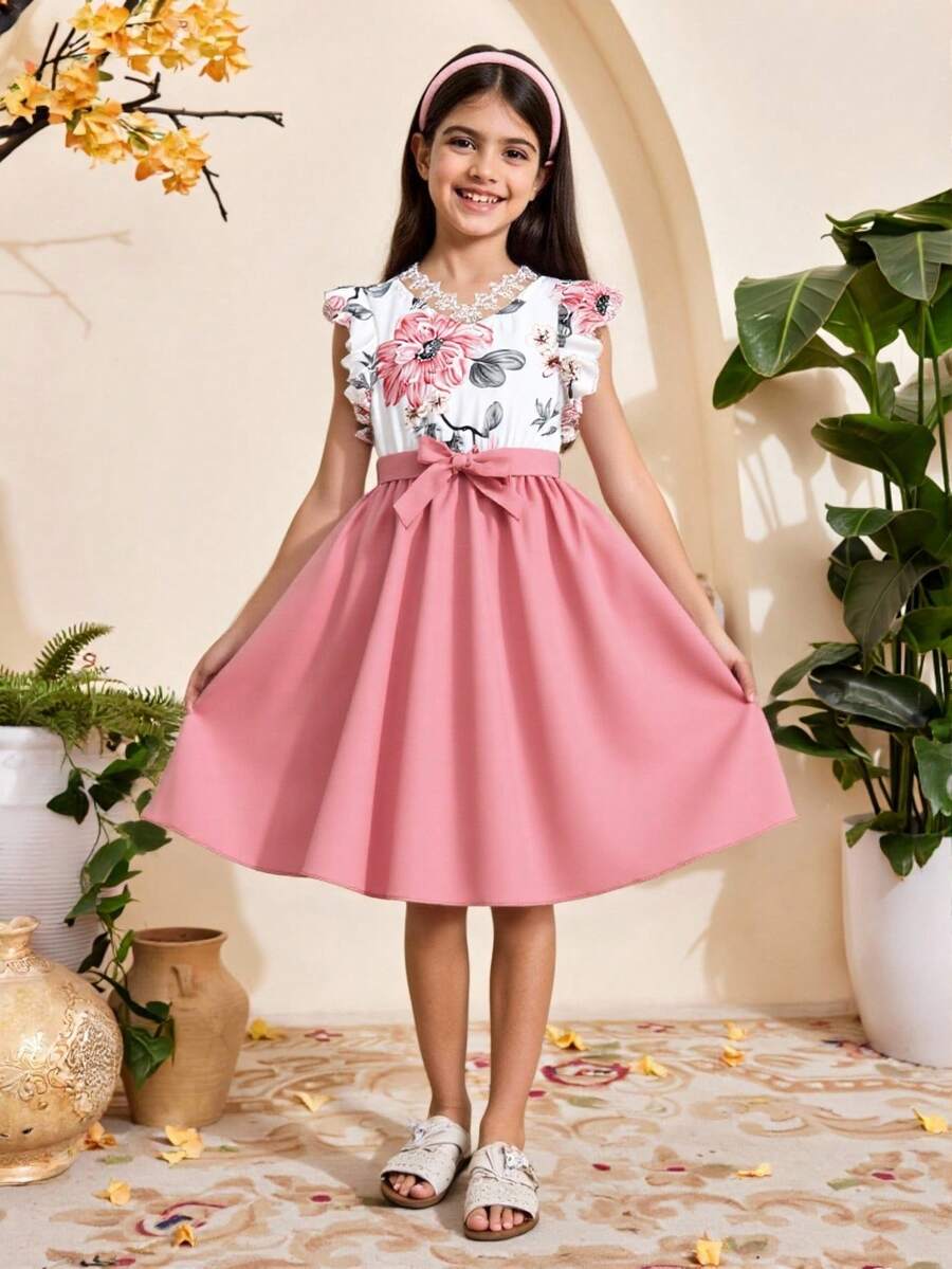 SHEIN Tween Girl Floral Print Ruffle Trim Belted Dress,Holiday,Summer,Travel - Multicolor - View 1