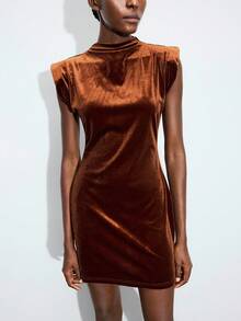 Maija Rust Brown Velvet Padded Shoulder Sleeveless Cinched Waist Fitted Mini Dress,Chic Night Out Autumn Elegant Dresses For Women,Halloween Party Holiday - Brown - View 6