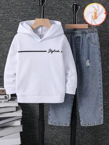 2 件儿童青少年男童休闲百搭舒适熊印花宽松连帽衫和牛仔套装、白色上衣、宽松牛仔裤、可爱上衣、校服、返校服、牛仔裤、紧身牛仔裤、牛仔裤、基本款上衣、学校上衣、返校 - 彩色 - 查看 3