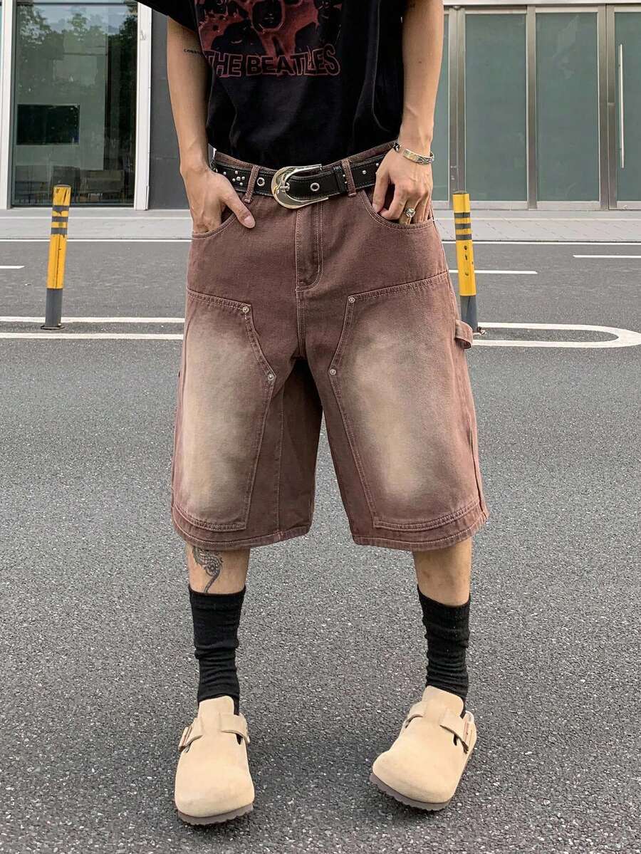 Manfinity EMRG 男士宽松口袋阔腿休闲牛仔短裤 - 咖啡棕 - 查看 1