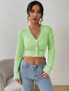 EMERY ROSE Women's Casual Contrast Trim Cropped Cardigan, Autumn - Mint Green - View 3