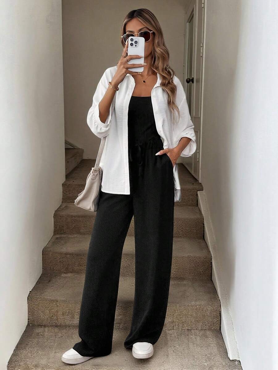 Easowa 3pcs/Set Women Autumn Black & White Maillard Suit: Blouse, Blazer And Wide-Leg Pants, 2024 New Fashion Travel Outfit Airport