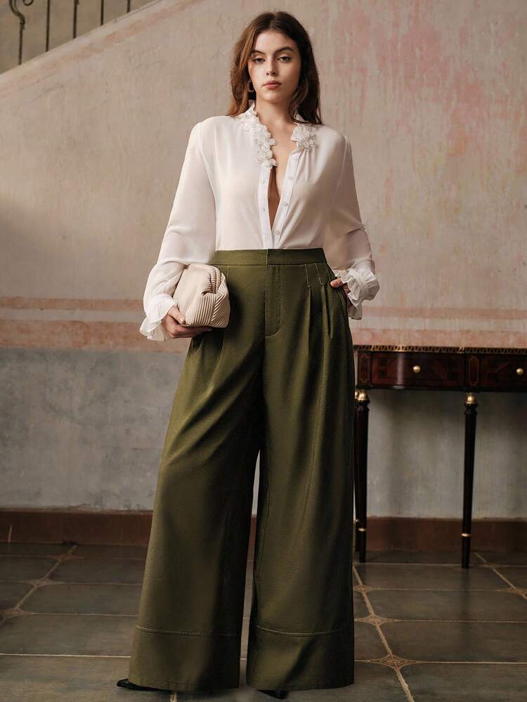 Plus Size Women Green Loose Casual Relaxed Fit Wide Leg Pants, Autumn