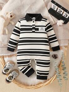 SHEIN 男宝宝休闲条纹翻领连体裤，适合秋冬季外出 - 彩色 - 查看 3