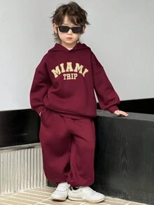 DAZY 儿童秋季服装 男童抓绒卫衣套装，休闲宽松字母印花街头风，秋季 - 酒紅色 - 查看 5
