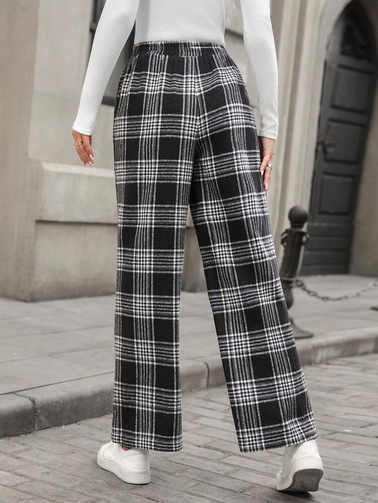 Women's Elastic Waist Plaid Pocket Wide Leg Loose Casual Pants Fall Clothes For Women Plaid Pants Wide Leg Pants Checkered Pants Women Pants Going Out Bottoms