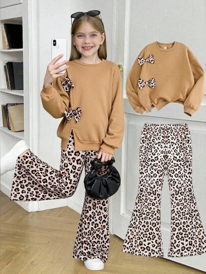 2 件套青少年女孩服装，纯色圆领 3D 豹纹蝴蝶结针织毛衣上衣搭配豹纹针织喇叭裤套装，运动风格，Y2k 可爱女孩，非常适合秋冬季休闲、日常穿着和上学日常，休闲可爱，姐妹装，母女搭配，万圣节，日常休闲户外运动装。夏秋假日装。