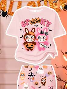 SHEIN 万圣节卡通印花、南瓜、蝙蝠、骷髅印花、怪异氛围、青少年女孩休闲宽松短袖圆领 T 恤和喇叭裤 2 件套 - 彩色 - 查看 3