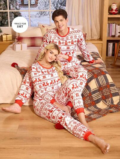 CoupledUp Zestaw piżamowy dla mężczyzn w paski z motywem świątecznym, w bloki kolorów, z okrągłym dekoltem, dopasowany do świątecznej piżamy, świąteczny zestaw wypoczynkowy dla par, piżama dla par, świąteczne ubrania na jesień i zimę