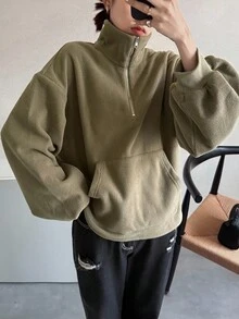 FRIFUL 女式半高领半拉链超大纹理休闲运动衫 - 綠色 - 查看 1