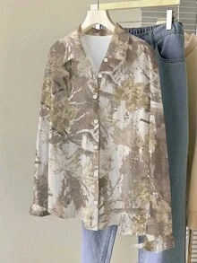SHEIN 树叶印花休闲宽松长袖女式衬衫 - 彩色 - 查看 3