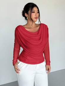 Firerie Plus Size Women Elegant Red Autumn Party Blouse, Plunging Neck Long Sleeve Mesh Sheer Fitted T-Shirt,Off Shoulder Boat Neck Draped Top For Wedding - Red - View 7