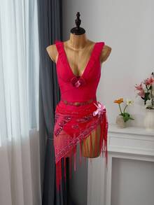 Bellisia 女士纯色细肩带连体泳衣，夏季时尚 - 紅色 - 查看 3