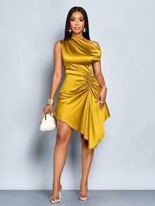 SOLERSUN Women's Elegant Solid Color Asymmetric Collar Side Drawstring Ruched Fashion Satin Dress - Mustard Yellow - View 5