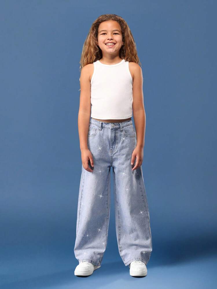 Wide Leg Sparkle Star Pattern Denim Jeans