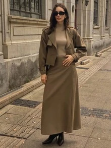 DAZY Women's Solid Color Loose Lapel Shoulder Strap Belt Cuff Double-Breasted Outdoor Jacket & A-Line Skirt Casual Street Suit, 2-Piece Set, Autumn/Winter