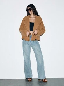 SHEIN Luminelle 厚羊毛夹克，柔软顺滑的夏尔巴面料，双排扣，秋冬 - 卡其色 - 查看 5