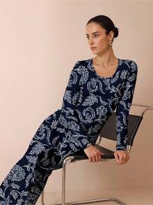Glamance Shutterstock 藏蓝色复古印花休闲优雅修身弹力连衣裙，适合日常穿着、工作、外出、办公室、旅行、派对、约会等场合，秋冬季外出优雅连衣裙，时尚别致的服装系列 - 彩色 - 查看 5