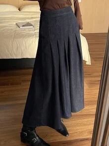 DAZY Women's Elegant Pleated Denim Skirt Fall/Winter - Dark Wash - View 7