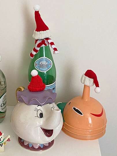 Joivida 2 件/5 件圣诞小帽子、迷你围巾和红色装饰帽、瓶子圣诞帽、指尖圣诞帽、围巾、节日场景装饰 - 适合圣诞节，可戴在各种瓶子和用具上