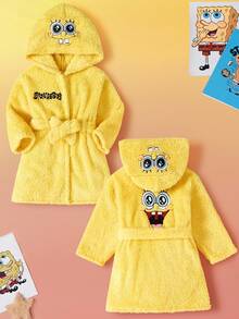SpongeBob SquarePants | SHEIN 男婴卡通大脸刺绣毛绒腰带睡袍，秋冬家居服 - 黃色 - 查看 1