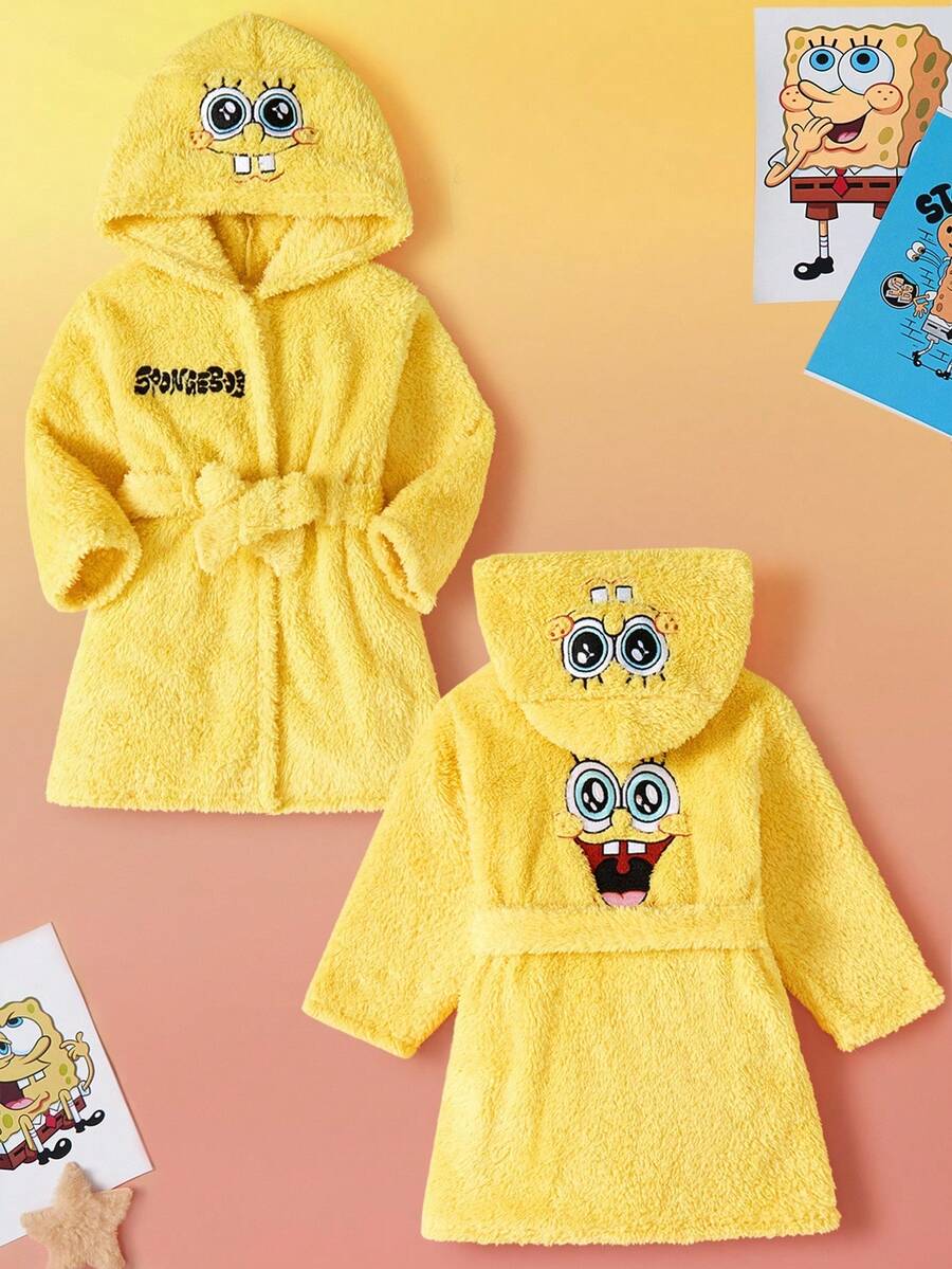 SpongeBob SquarePants | SHEIN 男婴卡通大脸刺绣毛绒腰带睡袍，秋冬家居服 - 黃色 - 查看 1