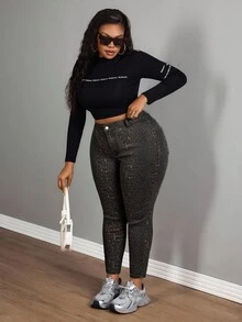 SHEIN SXY Quần jean bó cạp cao họa tiết da báo cỡ lớn dành cho nữ - Nhiều màu - Xem 3