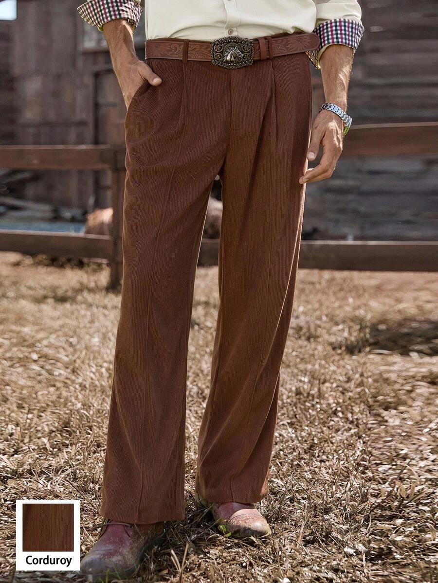 Manfinity Nomadique Men's Solid Color Pleated Straight Loose Casual Western Corduroy Wide Leg Pants, Outdoor Music Festival, Nightclub Bar, Boyfriend/Husband Gift, Anniversary Gift, Fall Winter - Brown - View 1