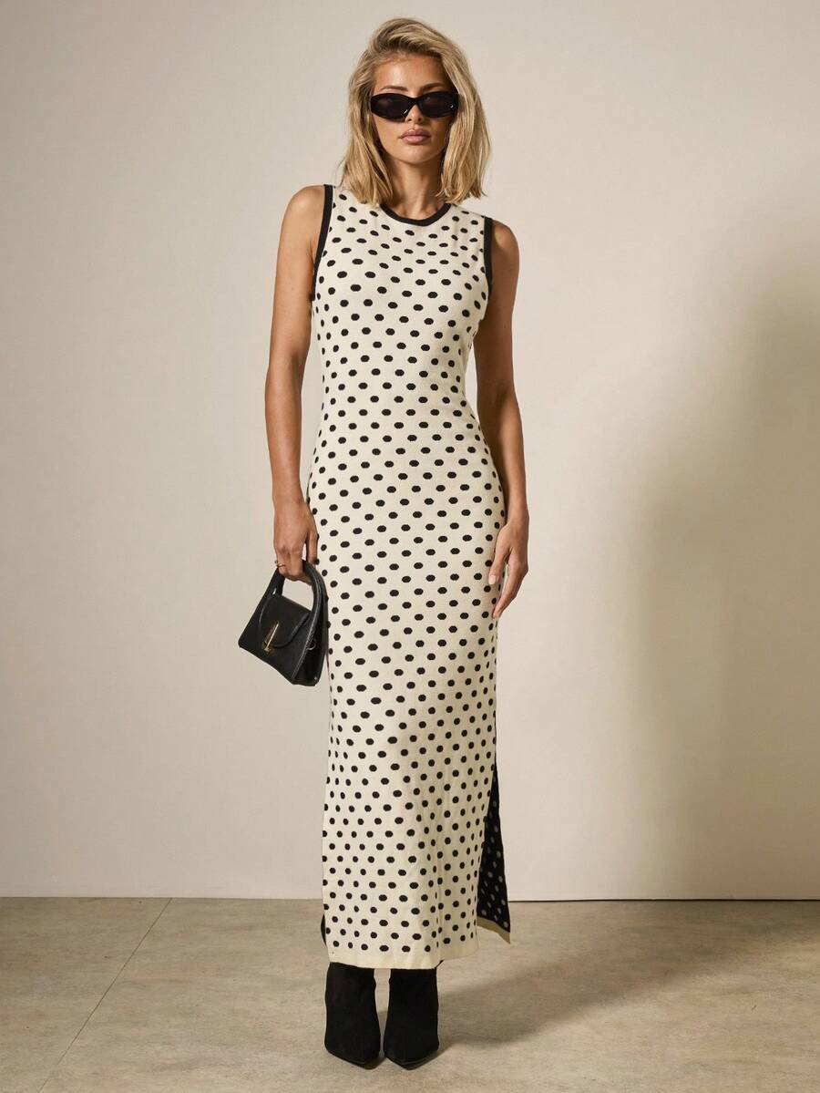 COSMINA Casual Polka Dot Fitted Round Neck Sleeveless Women Sweater Dress Autumn Winter Clothes For Women - Multicolor - View 1