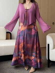 Flirla Conjunto de 2 piezas talla grande para mujer: Kimono con mangas acampanadas y lazo delantero en unicolor + Vestido camisero con estampado tie-dye, romántico - Multicolor - Ver 5